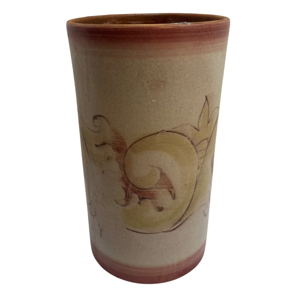 Pottery Barn Italy Ceramic Cylinder Vase Hand Painted‎ Scroll Terracotta 8.25